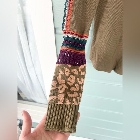 Free People Switch It Up Thermal long sleeve top olive green crochet sleeve boho - Picture 5 of 11